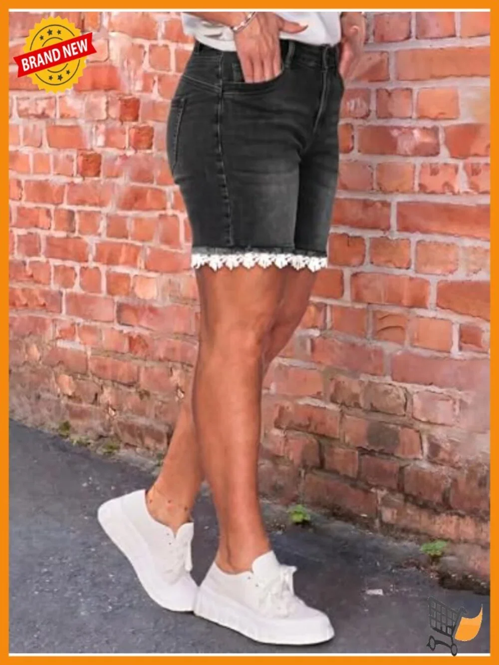 Mid Waist Bermuda Denim Shorts with Lace Trim Stretchy